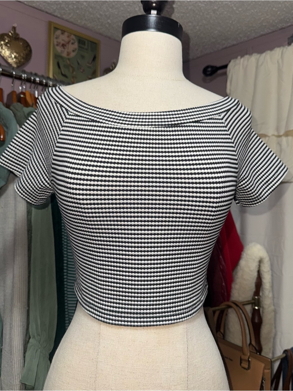 Zara Black and White Striped Off-Shoulder Crop Top